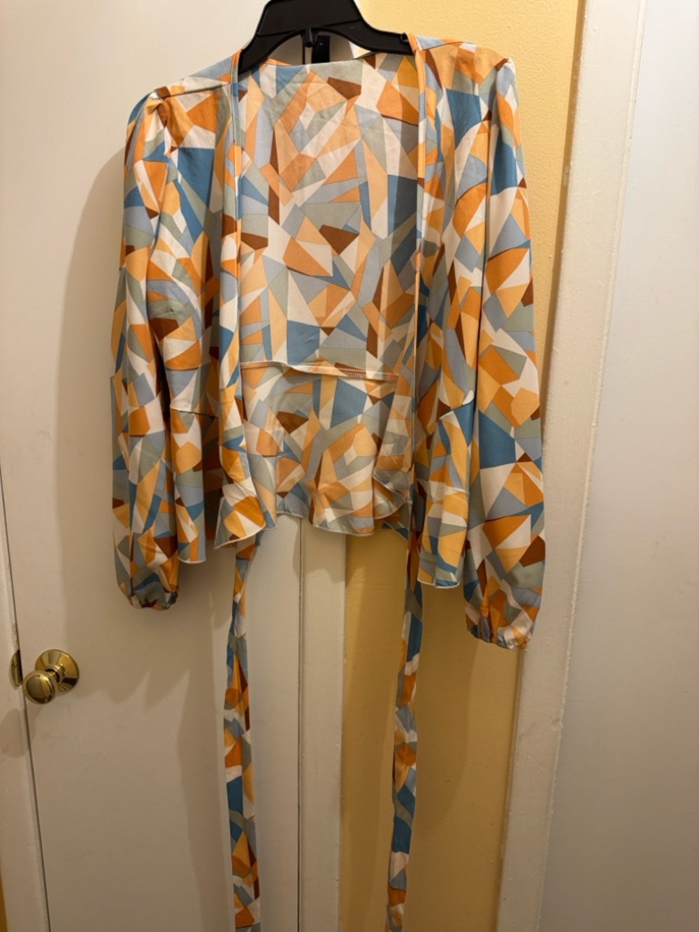 SHEIN Geometric Tie-Front Blouse in Orange, Blue & Cream - Picture 3 of 4